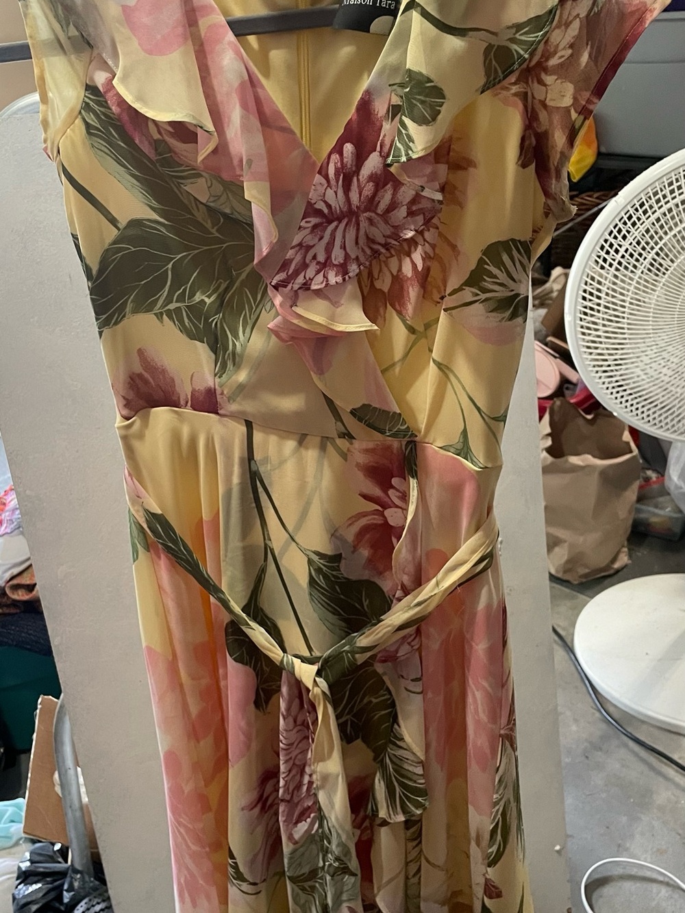 Maison Tara Yellow Floral Maxi Dress with Pink & Green Accents